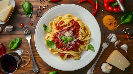 Wall Mural - Delicious Pasta with Tomato Sauce and Parmesan Cheese