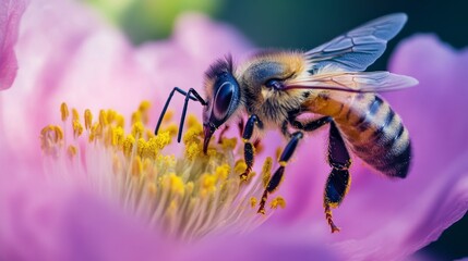 Poster - A close-up of a bee collecting nectar from a blooming flower, with its fuzzy body covered in pollen, emphasizing the role of insects in the ecosystem.
