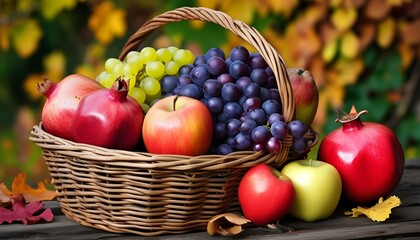 Bountiful Autumn Harvest Basket Filled with Grapes, Apples, and Pomegranates