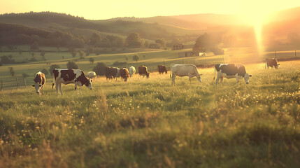 Wall Mural - Cows Grazing in a Field at Sunset