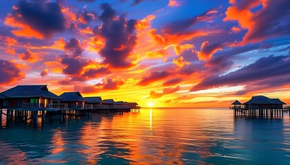 Tropical sunset illuminating water villas against a vibrant sky and serene ocean backdrop