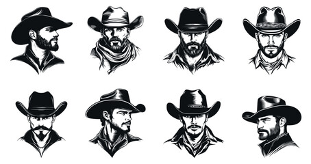 Wall Mural - Cowboy portrait set. Front and side view. Western male in a hat. North american man. Fashion poster print design element. Simple black and white flat tatoo style isolated vector clipart collection