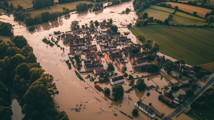 Aerial shot of a natural disaster, floodwaters overtaking a countryside village, roads and fields completely submerged, chaos and devastation below.