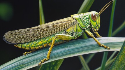 Poster - A close-up of a grasshopper resting on a blade of grass, highlighting its vibrant green color and the intricate patterns on its wings