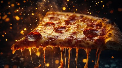 A slice of pepperoni pizza with melted cheese and a sprinkle of fire and smoke.