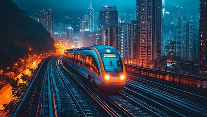 A train travels through a vibrant cityscape at night.