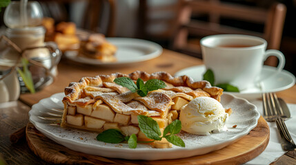 Wall Mural - Apple Pie with Vanilla Ice Cream and a Cup of Tea - Delicious Dessert