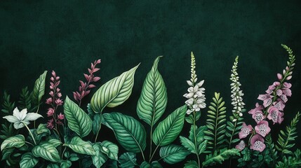 Wall Mural - Detailed botanical watercolor illustration on dark background