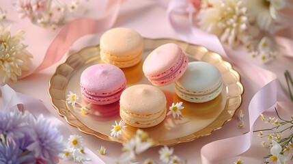 Wall Mural - Colorful Macarons on a Gold Plate with Flowers and Ribbon