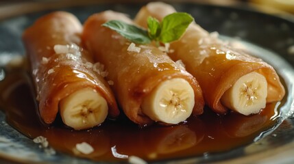 A close-up of crispy spring rolls filled with sweet banana and drizzled with honey, showcasing the fusion of textures and flavors in Thai dessert cuisine