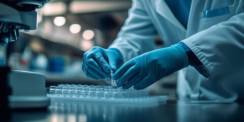 Medical technician in a clinical setting, preparing diagnostic equipment with a softly blurred background, focused on precision and care