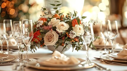 A beautifully arranged floral centerpiece on an elegant dining table setting.