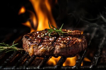 Poster - A steak on the grill with fire grilling cooking mutton.