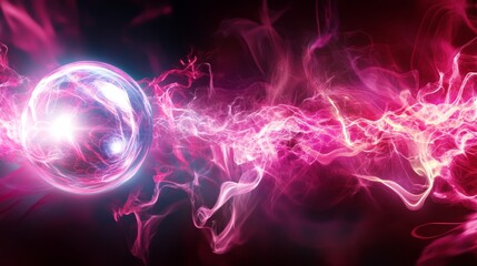 Poster - light ball surrounded by flowing plasma energy with vector electric lightning and dynamic light flas