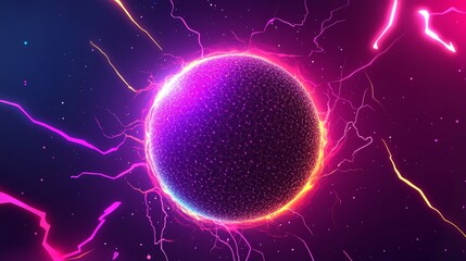 Poster - light ball surrounded by flowing plasma energy with vector electric lightning and dynamic light flas