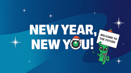 Green alien with Santa hat holding sign, blue and green, festive,  New Year's greeting, futuristic concept. 
