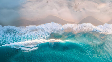 Wall Mural - Aerial View of Turquoise Ocean Waves Crashing on a White Sand Beach