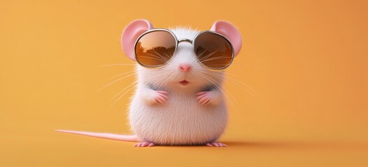 Cute, funny little white rat with sunglasses, isolated on a pastel orange background.