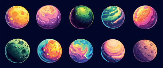 Sticker - fantasy alien planet set. bright color round shape. universe cosmic group of planetoids and satellit