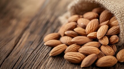 A close-up of raw almonds spread across a rustic wooden table, showcasing their natural textures and rich color, emphasizing their health benefits