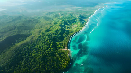 Wall Mural - Aerial View of Tropical Coastline with Lush Green Hills and Azure Water