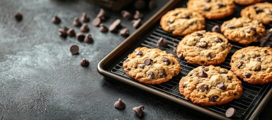 oatmeal cookies with chocolate chips on a baking tray. dark background. copy space.