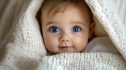 Cute, smiling baby girl with blue eyes peeks out from under a white blanket.