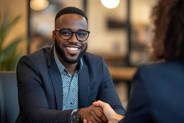 Happy black man shaking hands with his financial advisor in office, Generative AI