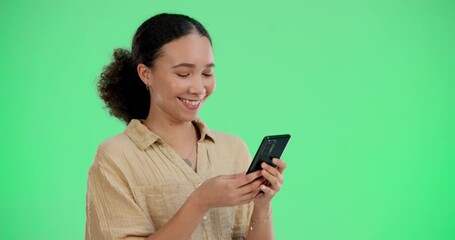 Poster - Green screen, happy and woman with phone in studio for online dating app, social media and networking. Smile, typing and person on chromakey background on smartphone for texting, contact and chat