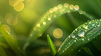 Wall Mural - Close Up of Dew Drops on Green Grass