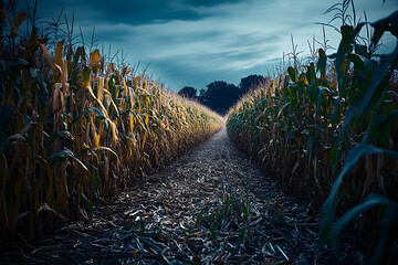 Wall Mural - Corn field spooky Halloween horror background, haunted house event