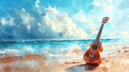 Ukulele by the beach, soft strumming with ocean waves, relaxing sound, watercolor style