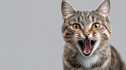 Angry and surprised cat isolated on transparent png background with a funny and excited expression.