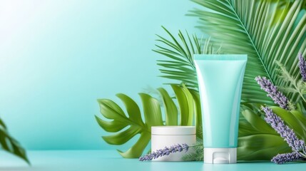 A serene arrangement of skincare products surrounded by tropical leaves and lavender, set against a soft turquoise background.