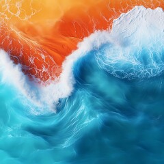 Wall Mural - a vibrant wave crashing against a colorful shoreline blends orange and blue hues, showcasing the bea