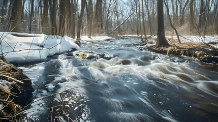 Wall Mural - Winter River Flowing Through Snowy Forest