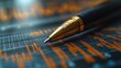 © hugy - Close-up of a pen on financial graphs and charts with a bar graph, line chart, and data table background.