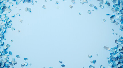blue and light blue confetti: a calming frame made from blue and light blue confetti, scattered around the edges of a pale sky blue background, the cool tones create a serene and peaceful border