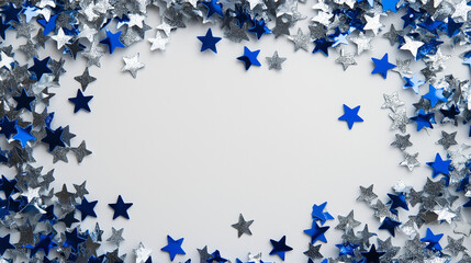 cobalt blue and silver confetti: a striking frame made from cobalt blue and silver star-shaped confetti, scattered around a light gray background