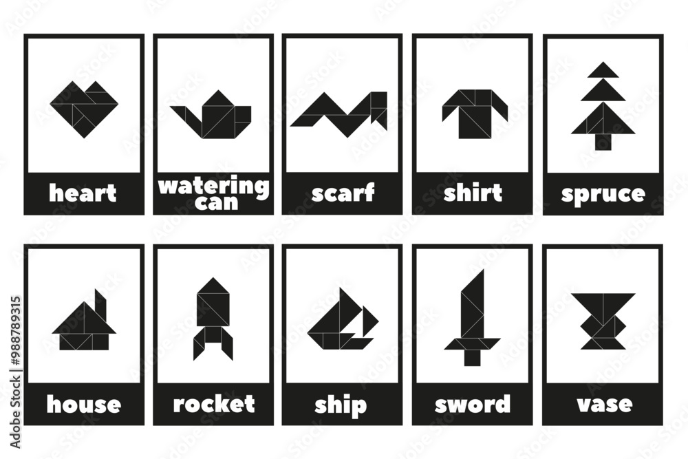 Tangrams Line Tangram puzzle for children. Tangram line icons isolated. A set of ...