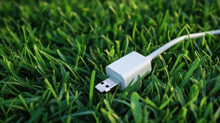 A white charging plug lying on green grass