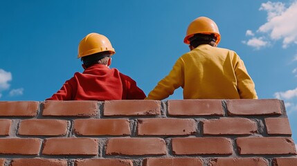 Poster - Two children wearing hard hats are standing on a brick wall, AI