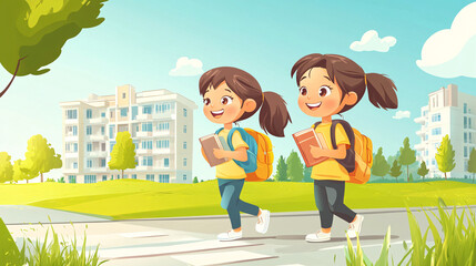 Education and science. A teenage girl with notebooks and textbooks in her hands against the background of a large modern school. The importance of education and science in the life of every person.