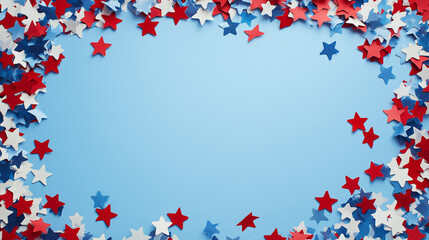 independence day confetti: a patriotic frame made from red, white, and blue star confetti, scattered around the edges of a light sky blue background, the bold colors create a spirited border