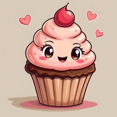 Cute Cartoon Cupcake With Blush and Cherry Smiling