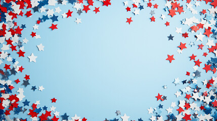 independence day confetti: a patriotic frame made from red, white, and blue star confetti, scattered around the edges of a light sky blue background, the bold colors create a spirited border