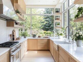 A kitchen with a sink, stove, and countertops. The countertops are white and the sink is silver