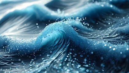 Dynamic blue wave adorned with scattered water droplets, conveying a sense of movement and fluidity