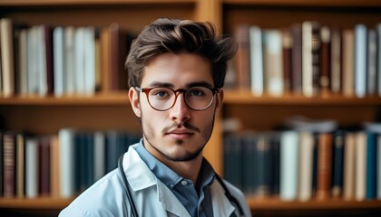 Wall Mural - Confident Young Doctor Showcasing Professionalism at Medical Seminar in Educational Environment