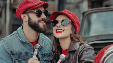 Wall Mural - A man and woman smiling while holding wrenches in front of a car, AI